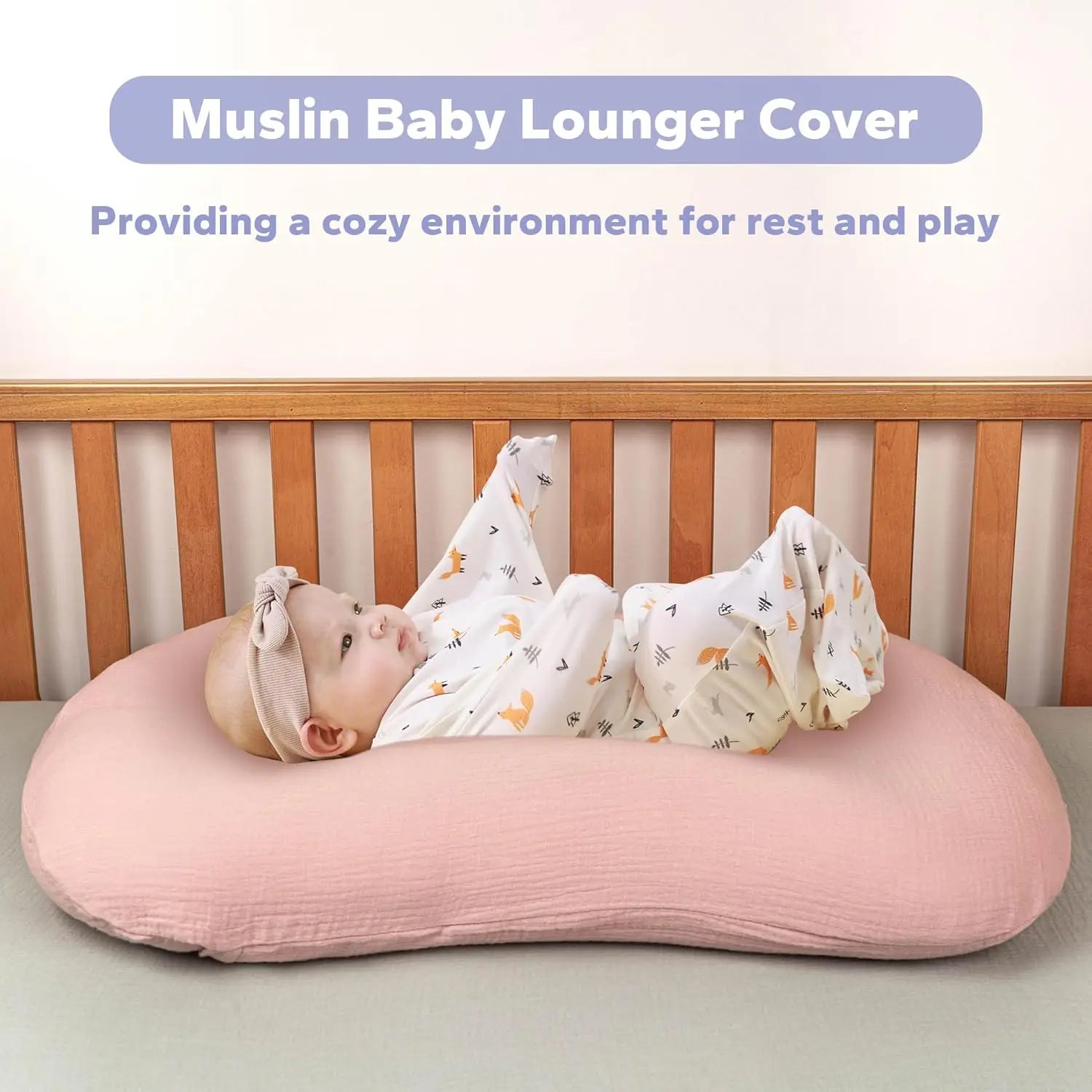 Soft Muslin Baby Lounger Cover for Newborns, Pink, Removable and Machine-Washable