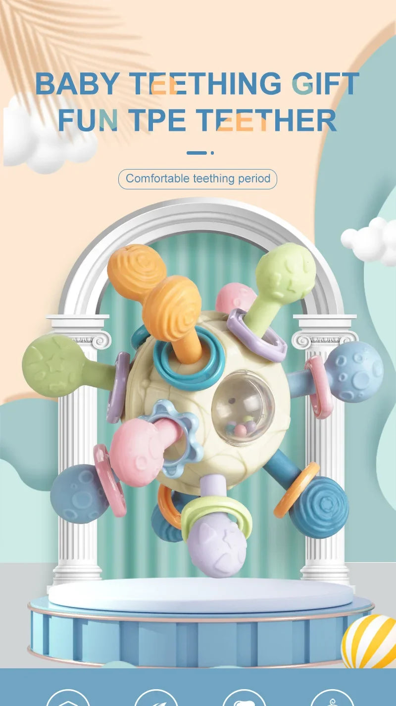 Sonajero sensorial giratorio y mordedor de silicona | Juguete de desarrollo multitextura 