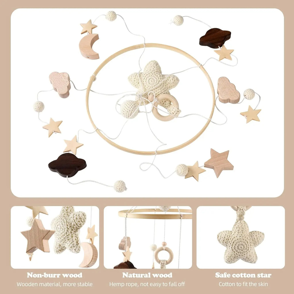 Baby Mobile Bed Wind Chime Moon Stars Felt Ball Handmade Wood Crochet