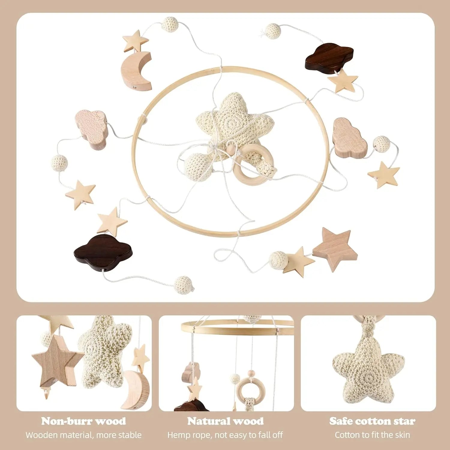 Baby Mobile Bed Wind Chime Moon Stars Felt Ball Handmade Wood Crochet