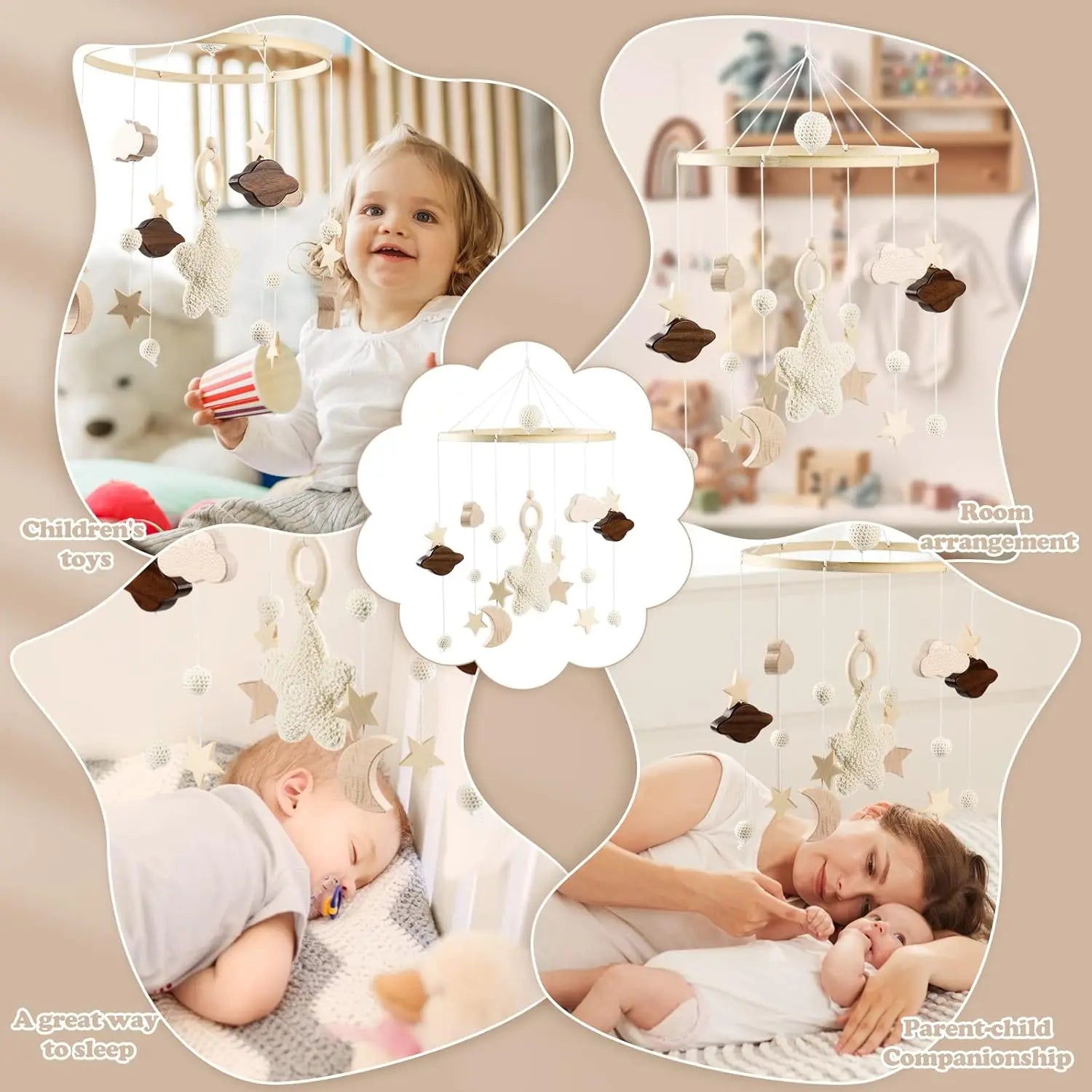 Baby Mobile Bed Wind Chime Moon Stars Felt Ball Handmade Wood Crochet