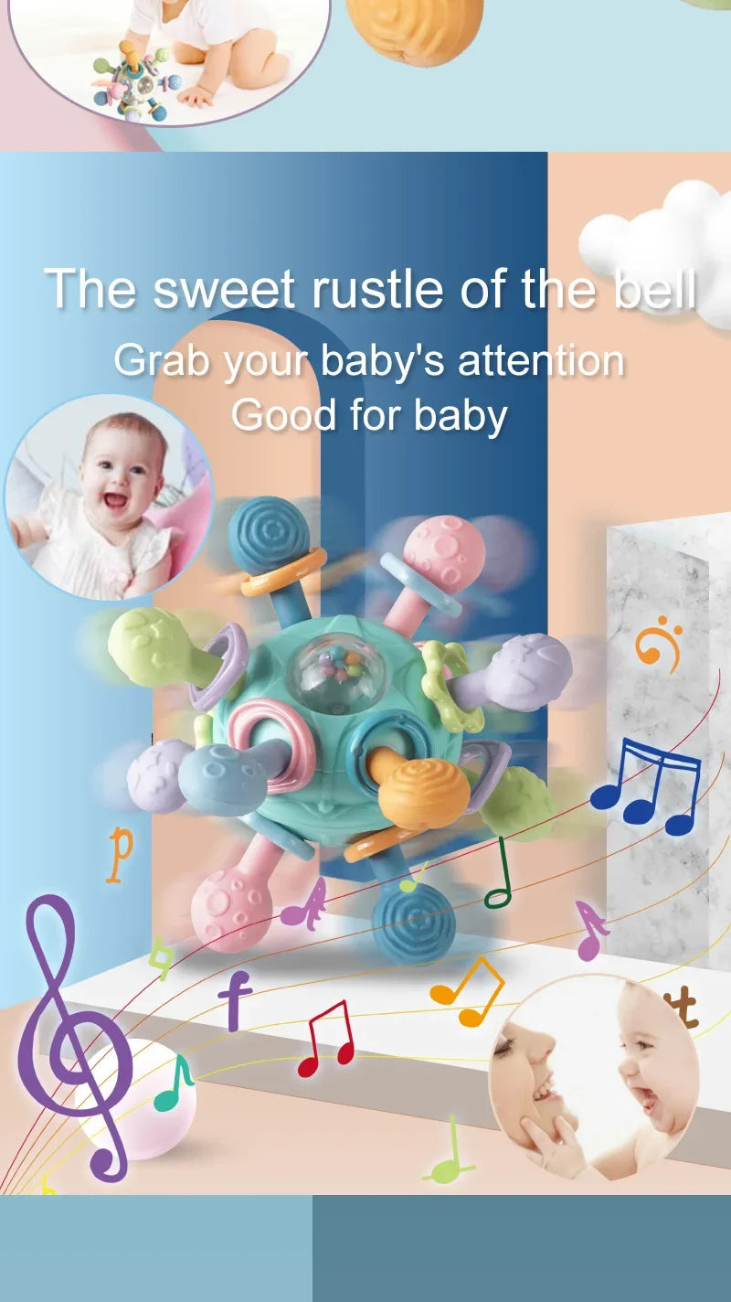 Sonajero sensorial giratorio y mordedor de silicona | Juguete de desarrollo multitextura 