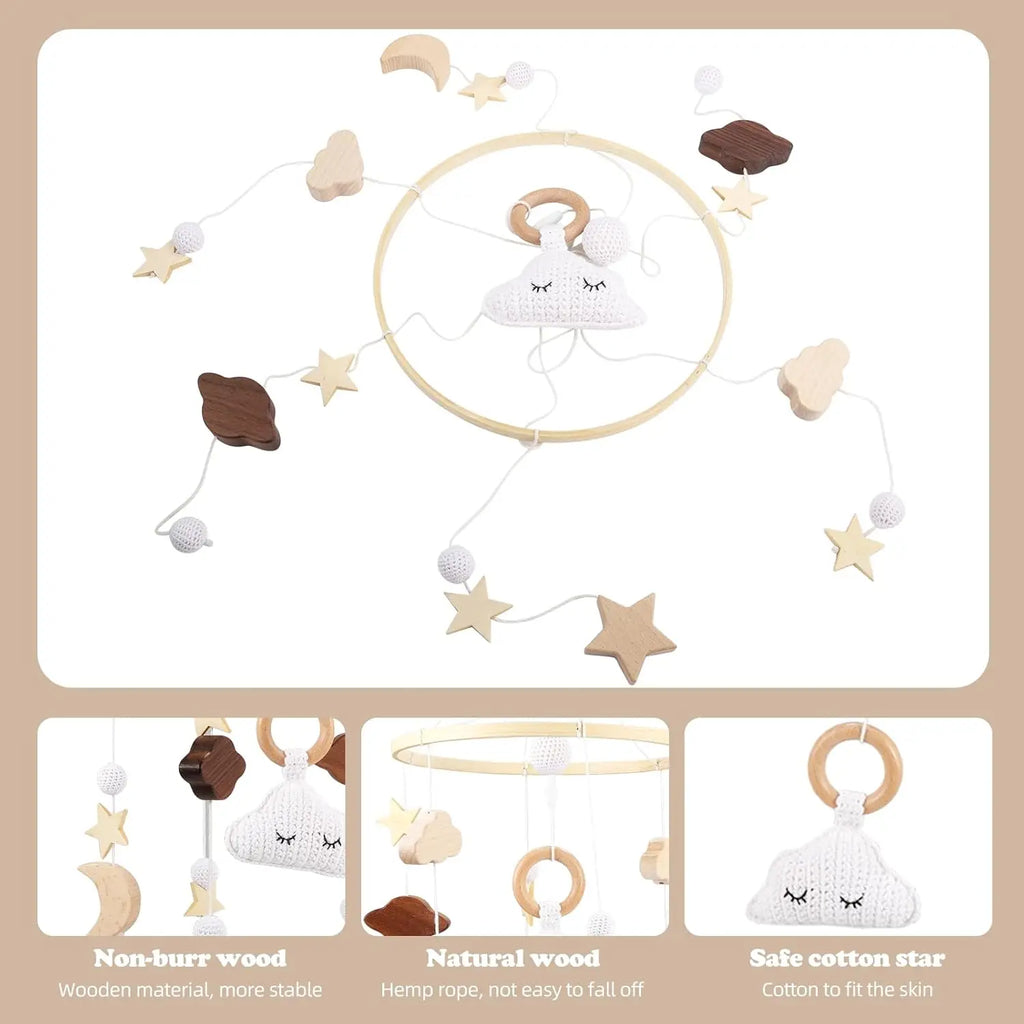 Baby Mobile Bed Wind Chime Moon Stars Felt Ball Handmade Wood Crochet