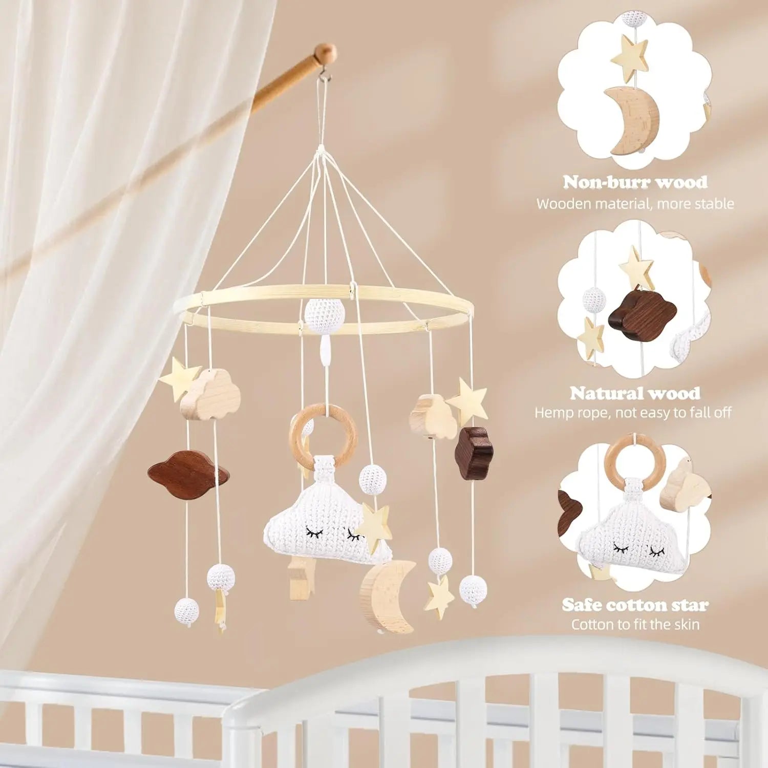 Baby Mobile Bed Wind Chime Moon Stars Felt Ball Handmade Wood Crochet