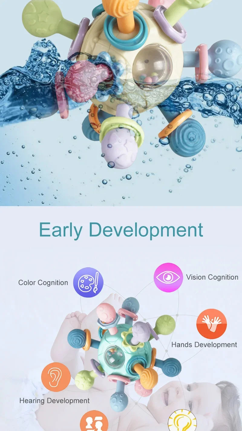 Sonajero sensorial giratorio y mordedor de silicona | Juguete de desarrollo multitextura 