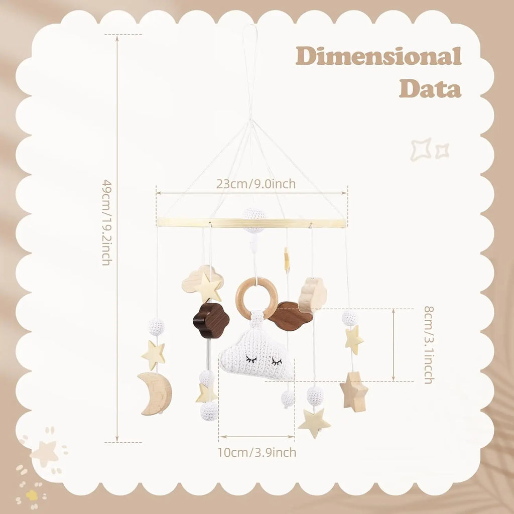 Baby Mobile Bed Wind Chime Moon Stars Felt Ball Handmade Wood Crochet