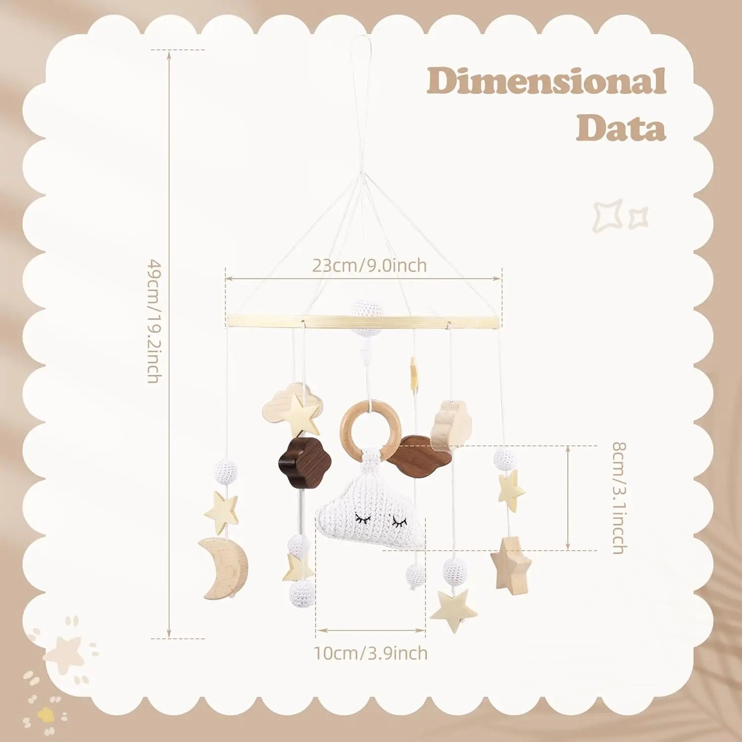 Baby Mobile Bed Wind Chime Moon Stars Felt Ball Handmade Wood Crochet