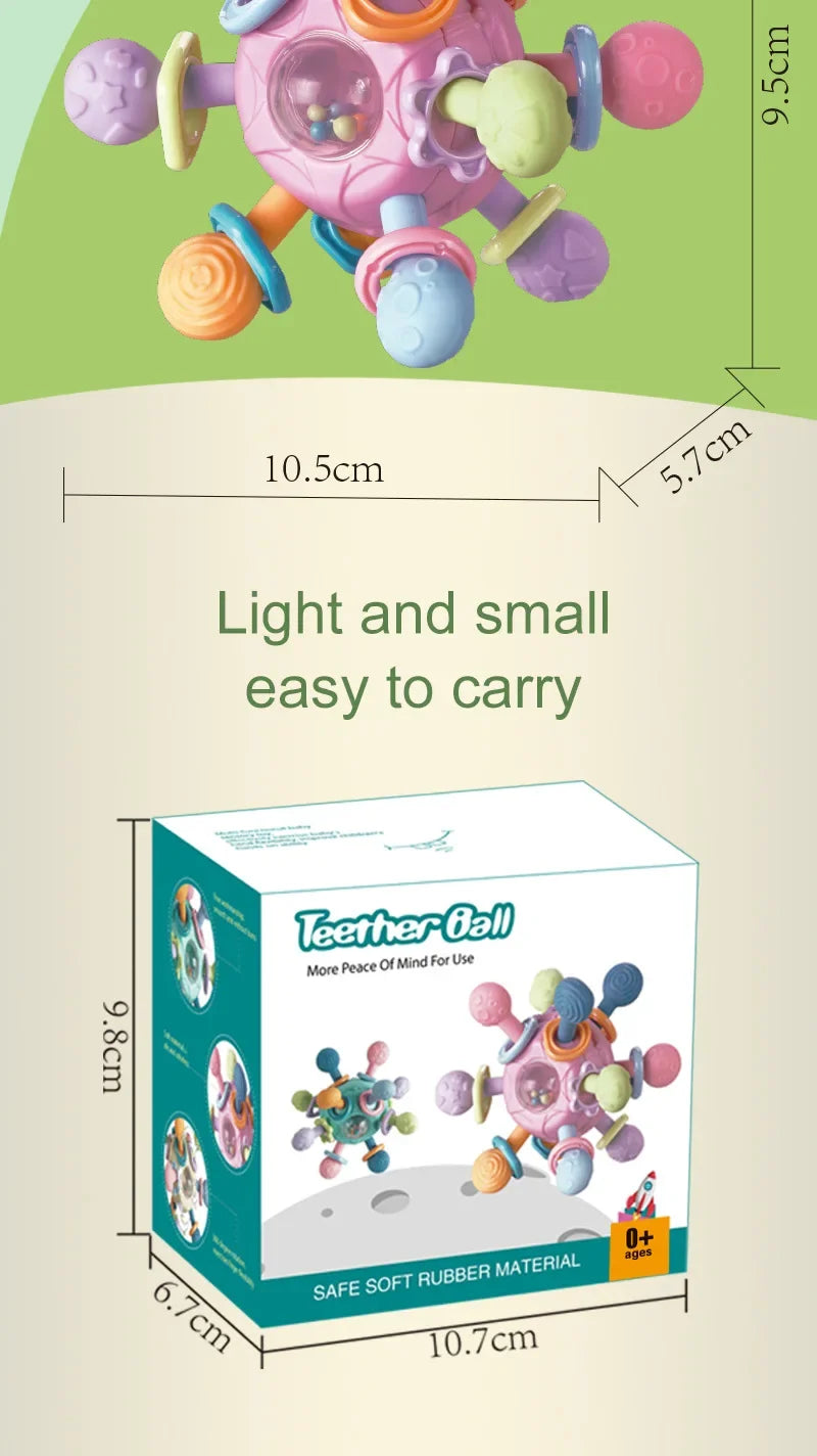 Sonajero sensorial giratorio y mordedor de silicona | Juguete de desarrollo multitextura 