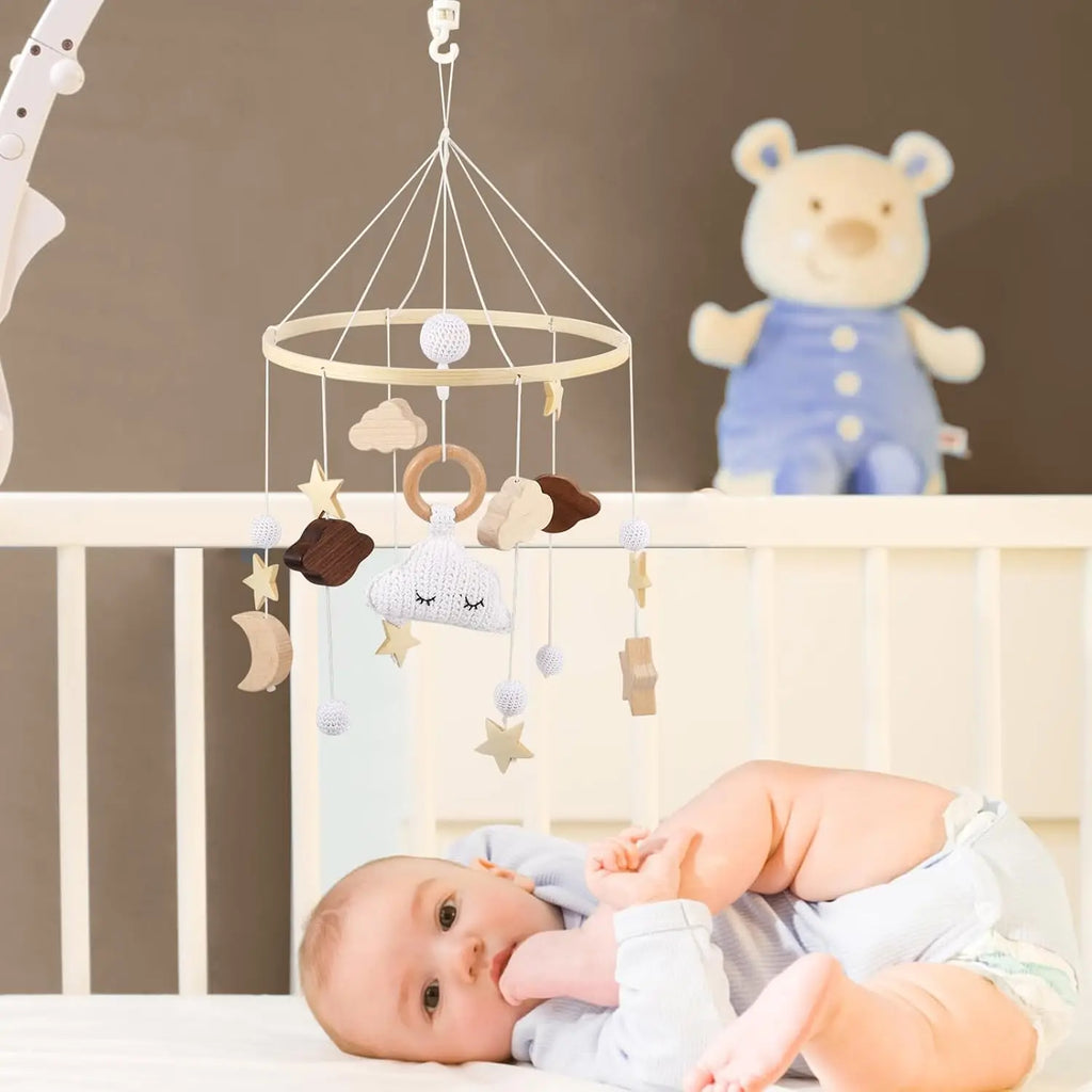 Baby Mobile Bed Wind Chime Moon Stars Felt Ball Handmade Wood Crochet