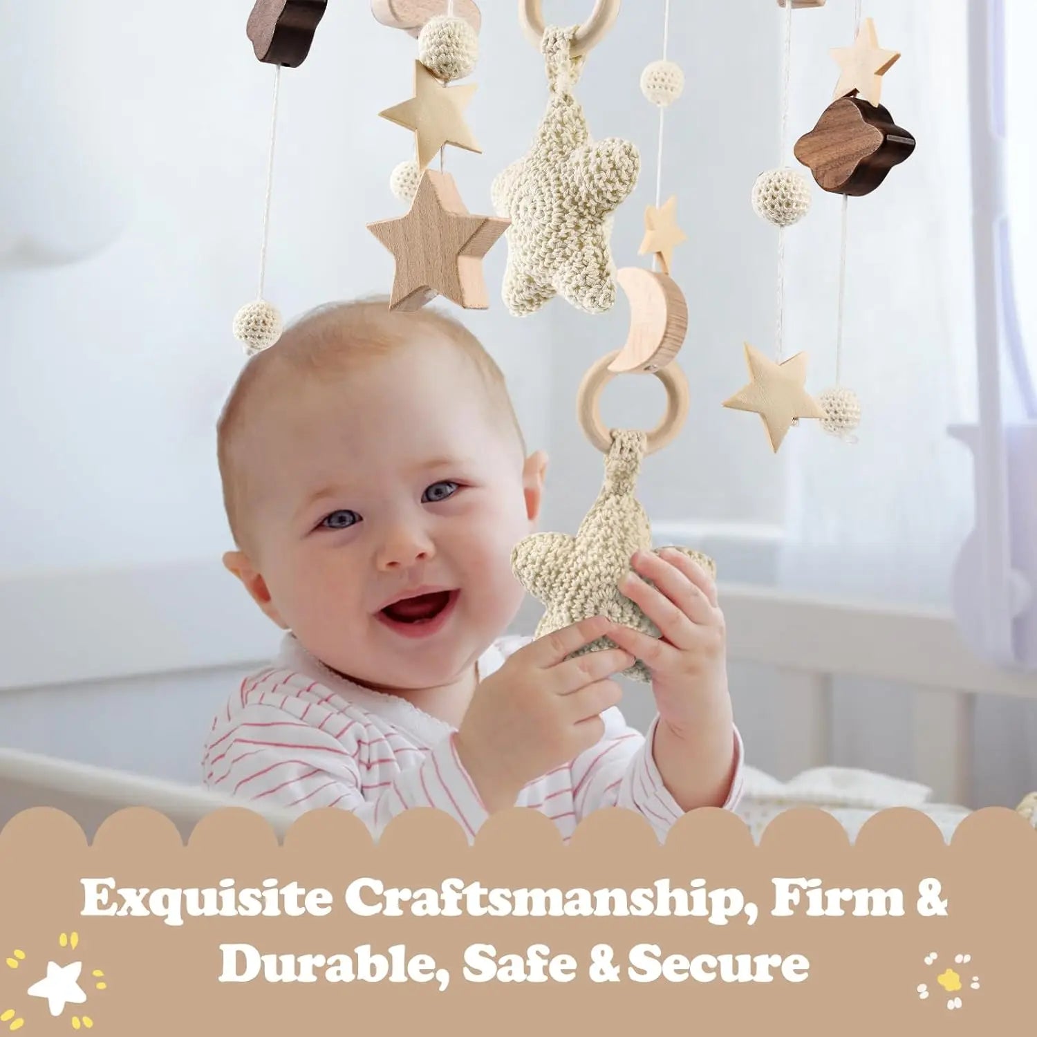 Baby Mobile Bed Wind Chime Moon Stars Felt Ball Handmade Wood Crochet