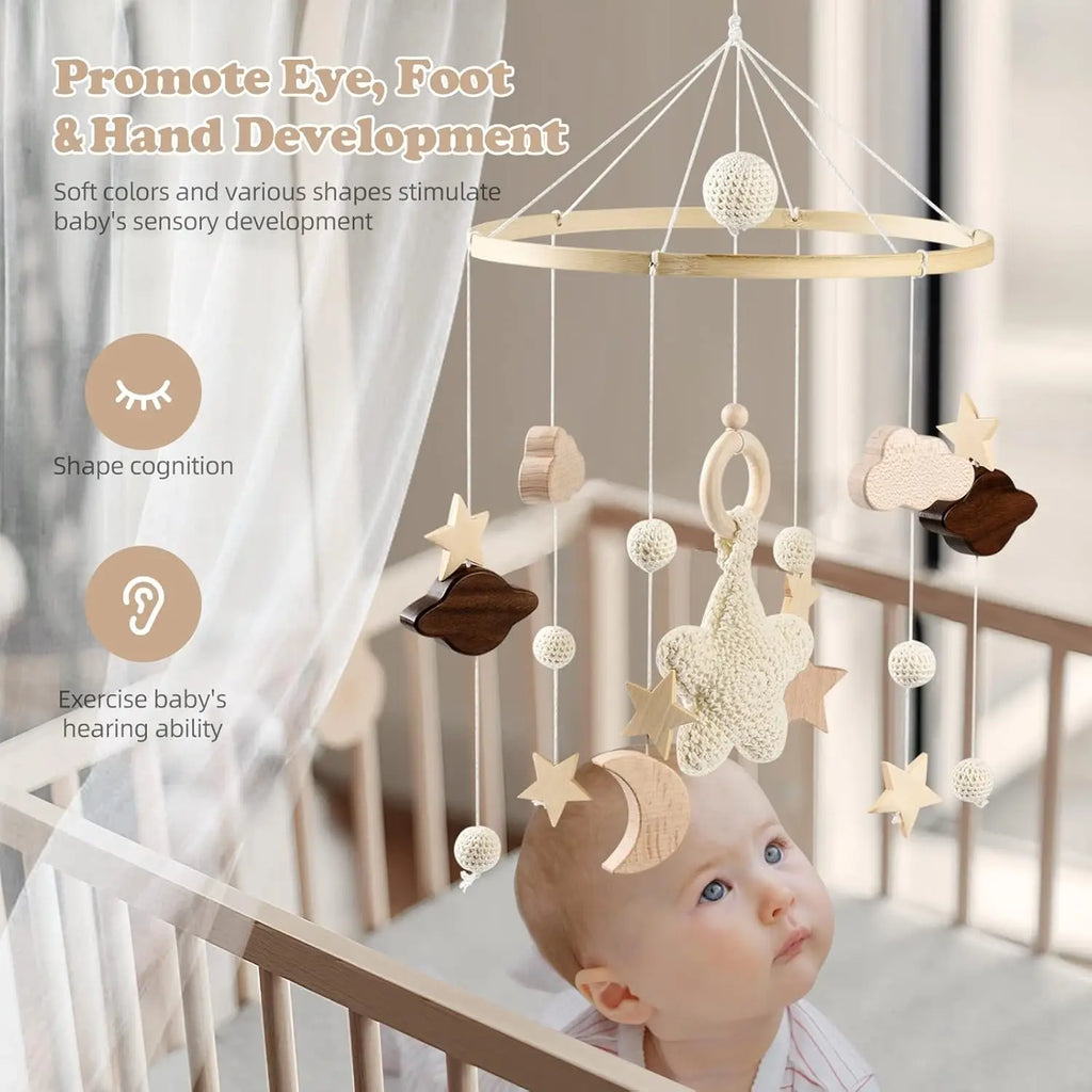 Baby Mobile Bed Wind Chime Moon Stars Felt Ball Handmade Wood Crochet
