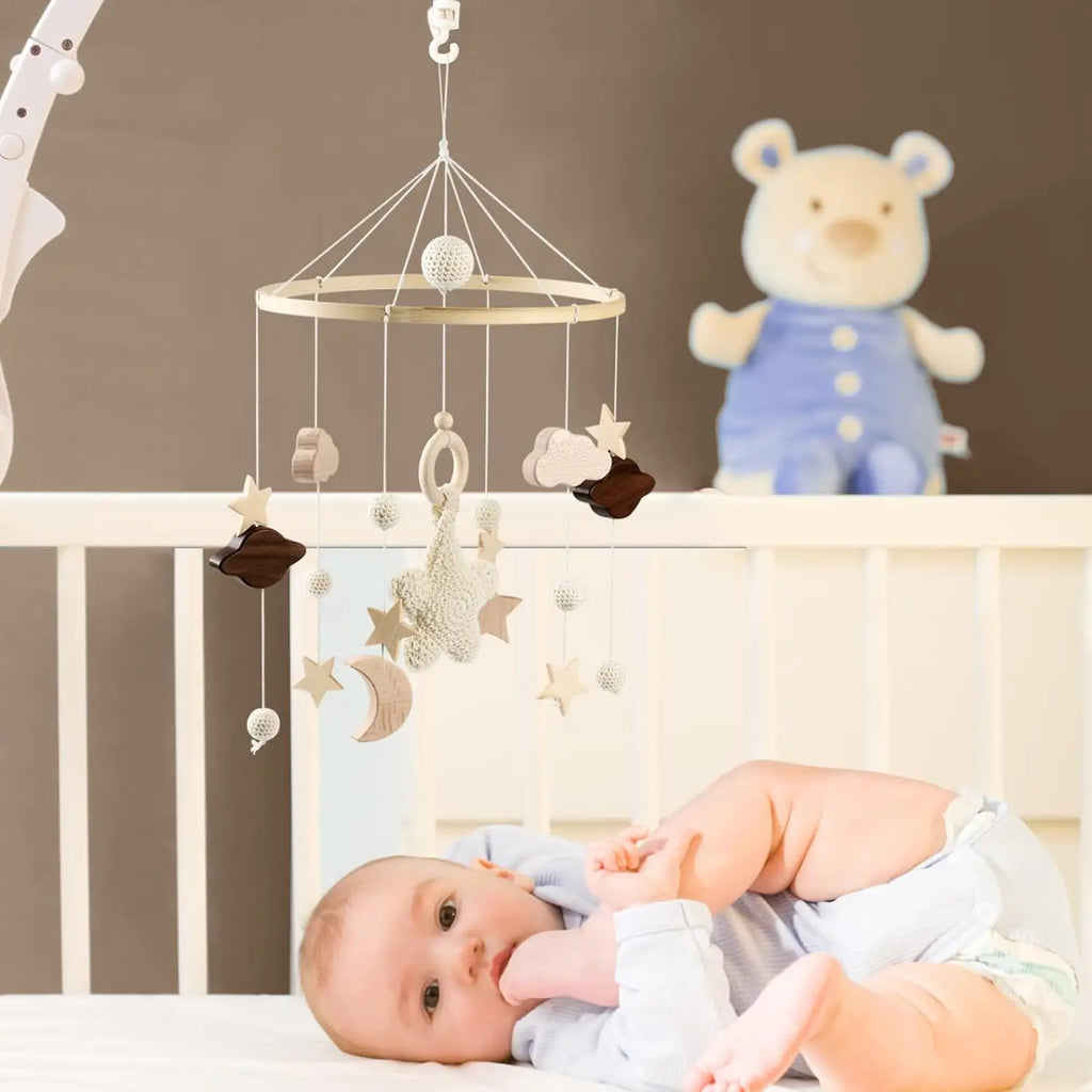 Baby Mobile Bed Wind Chime Moon Stars Felt Ball Handmade Wood Crochet