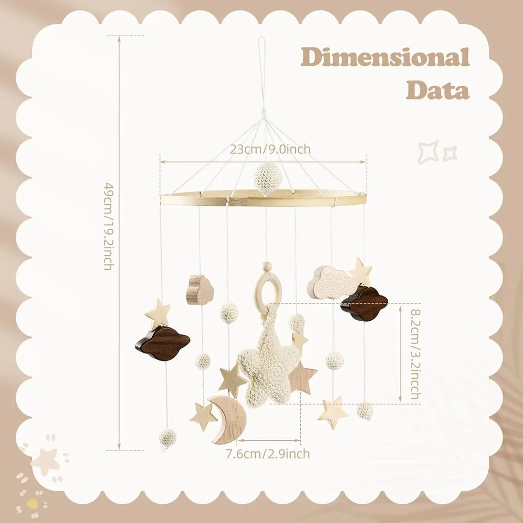 Baby Mobile Bed Wind Chime Moon Stars Felt Ball Handmade Wood Crochet