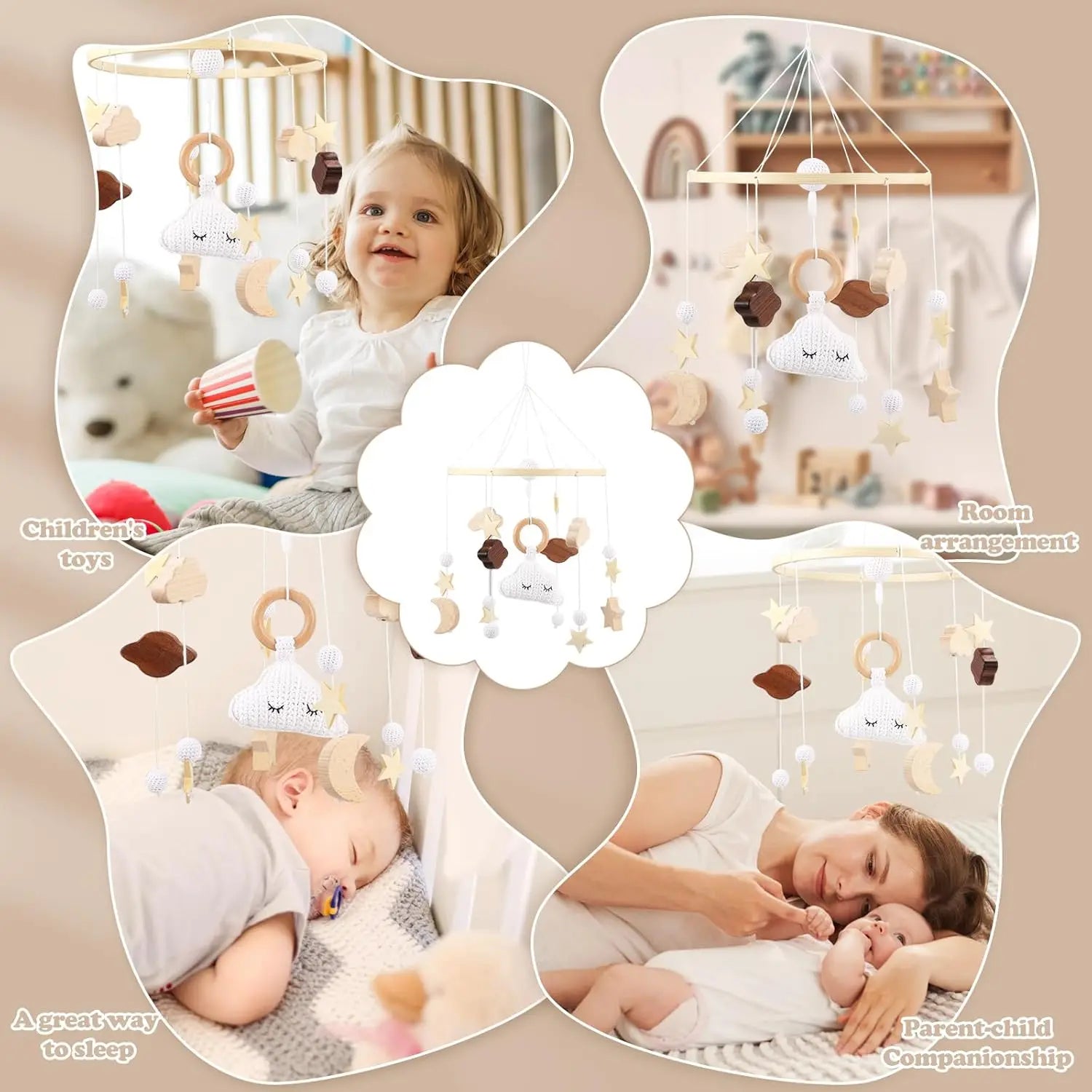 Baby Mobile Bed Wind Chime Moon Stars Felt Ball Handmade Wood Crochet