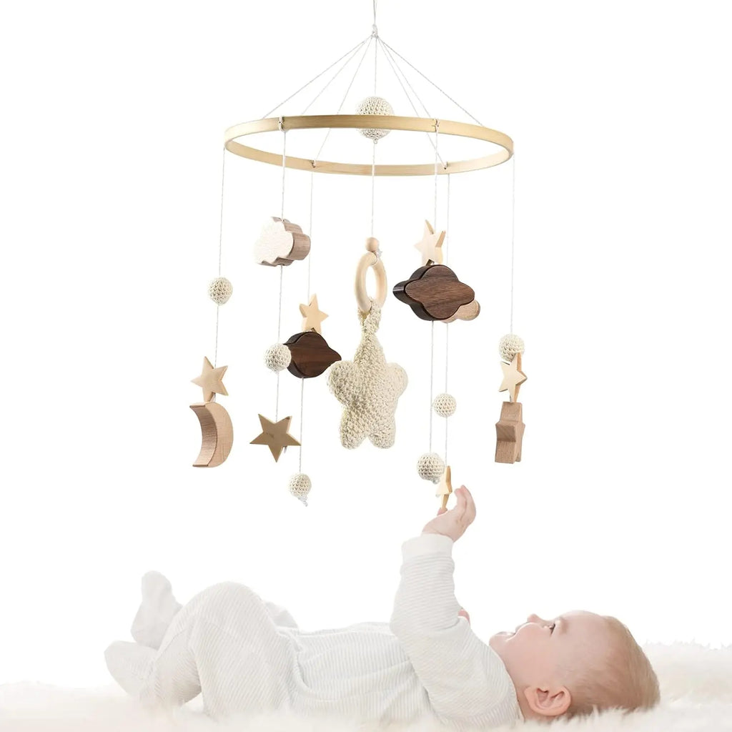 Baby Mobile Bed Wind Chime Moon Stars Felt Ball Handmade Wood Crochet
