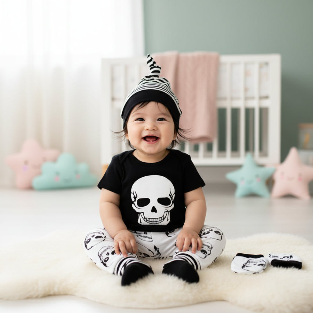 The Urban Rebel 4-Piece Set: Skull Print Top, Joggers, & Matching Accessories